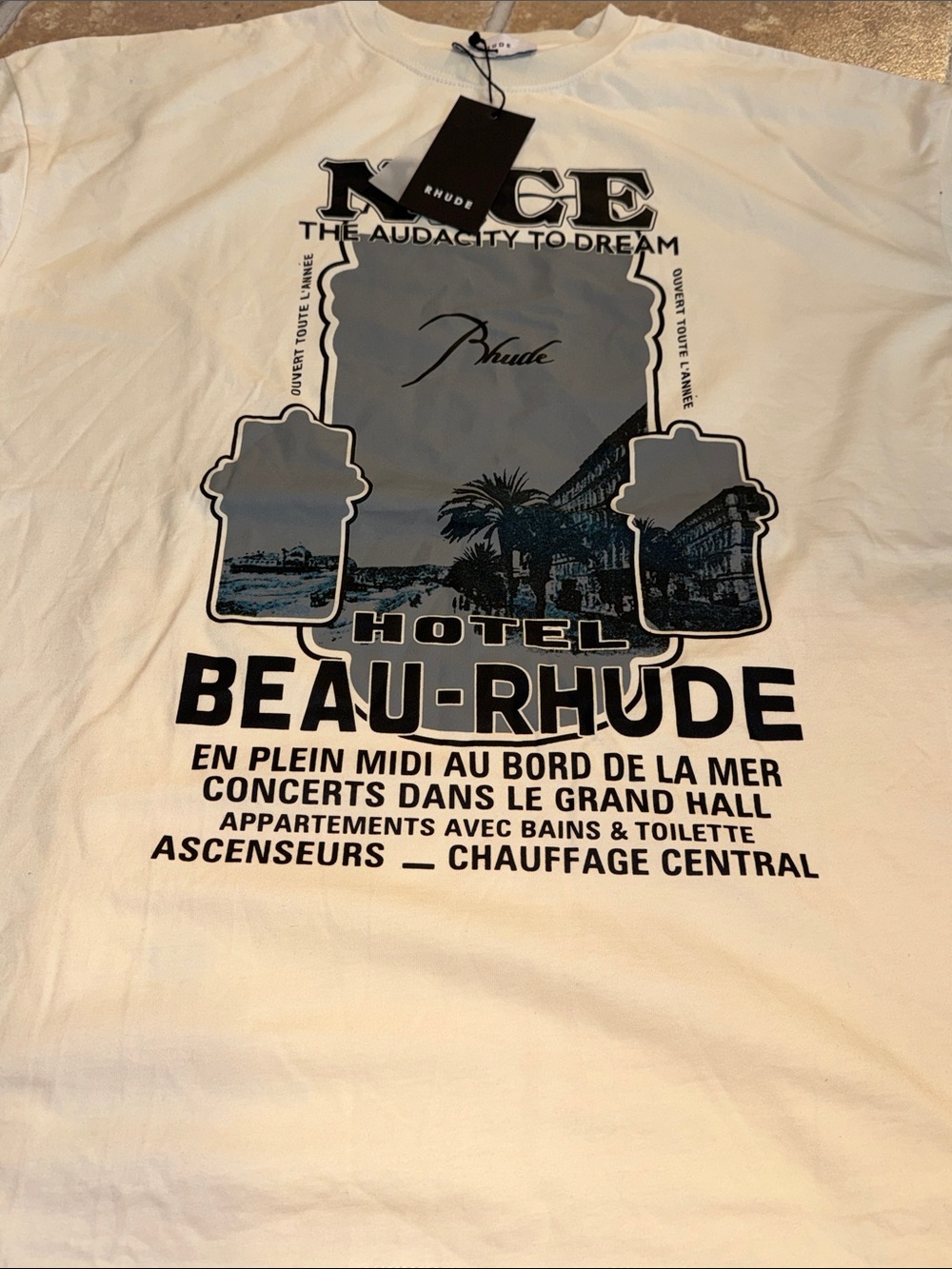 NWT RHUDE HOTEL BEAU-RHUDE SHORT SLEEVE DESIGNER T-SHIRT CREAM LRG/AUTHENTIC